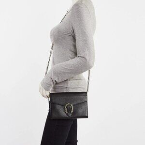 Gucci Black Pebbled Leather Dionysus Mini Wallet on Chain Bag